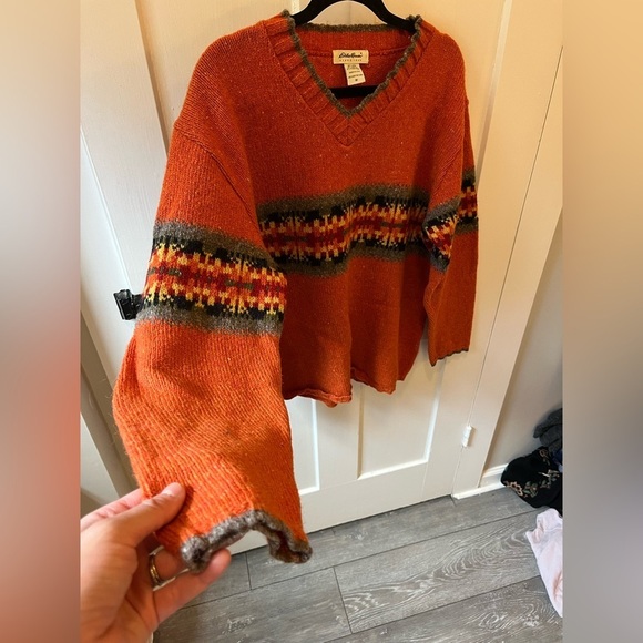 Vintage Eddie Bauer Wool Blend Fall Orange Sweater V-neck Medium - Picture 3 of 7